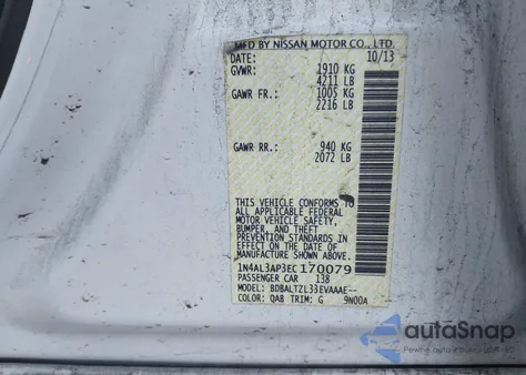 2014 Nissan Altima 2.5 Sv z USA, uszkodzony, nr VIN 1N4AL3AP3EC170079